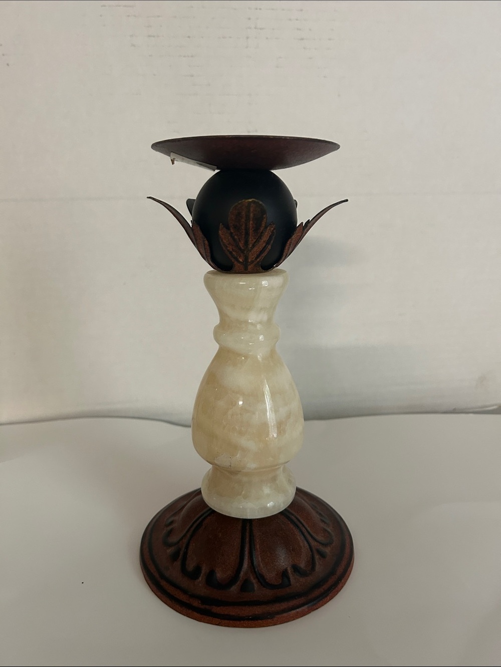 Decorative Cream Alabaster and Brown Metal Candlestick Holder